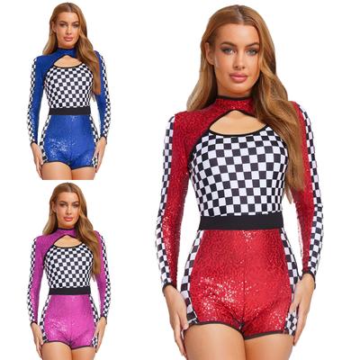 Womens Shiny Sequins Checkerboard Patchwork Racing Driver Jumpsuit