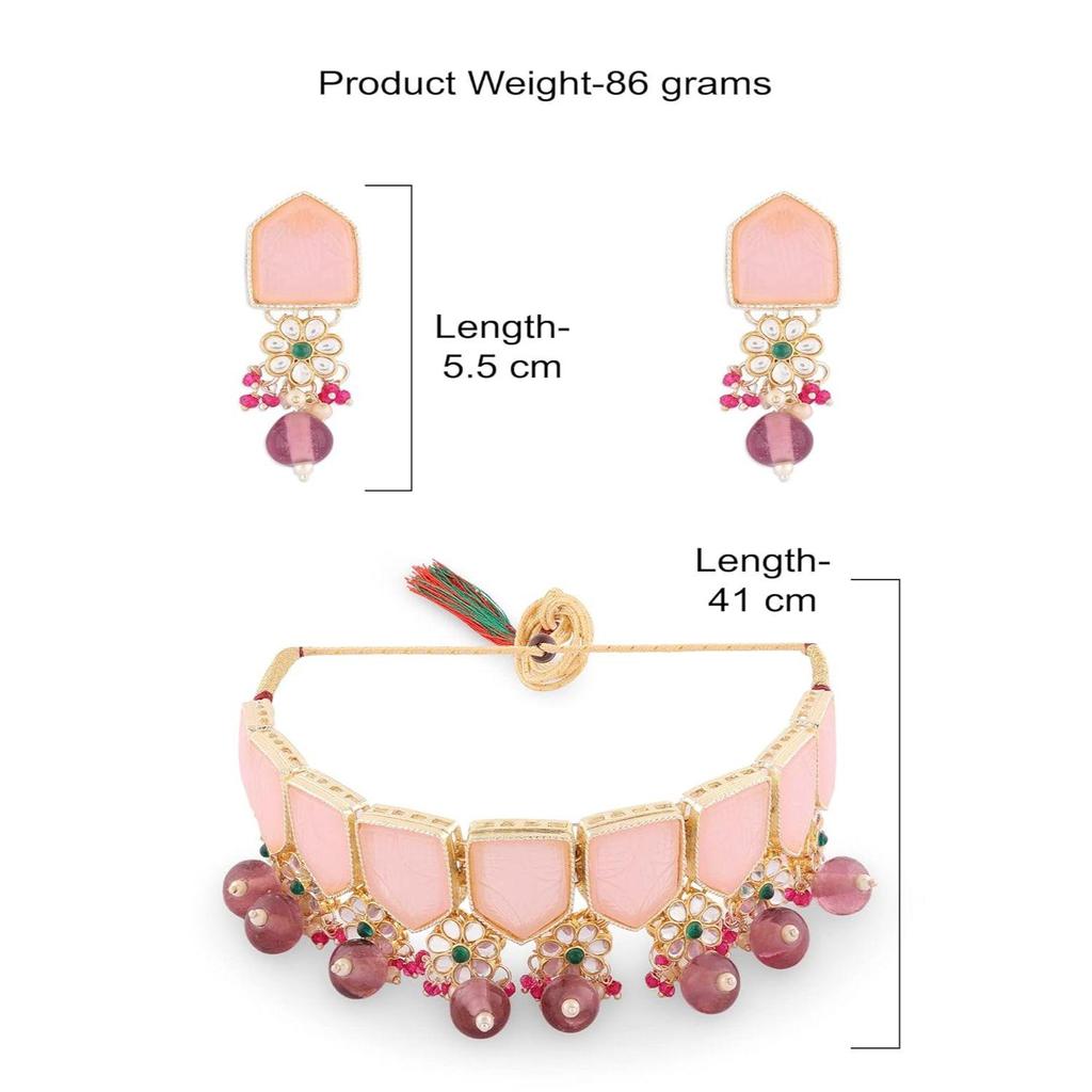 Rosa-grüne Steine, Perlen, Kundan-Choker-Halskette, Ohrringe und Ring-Set für Frauen