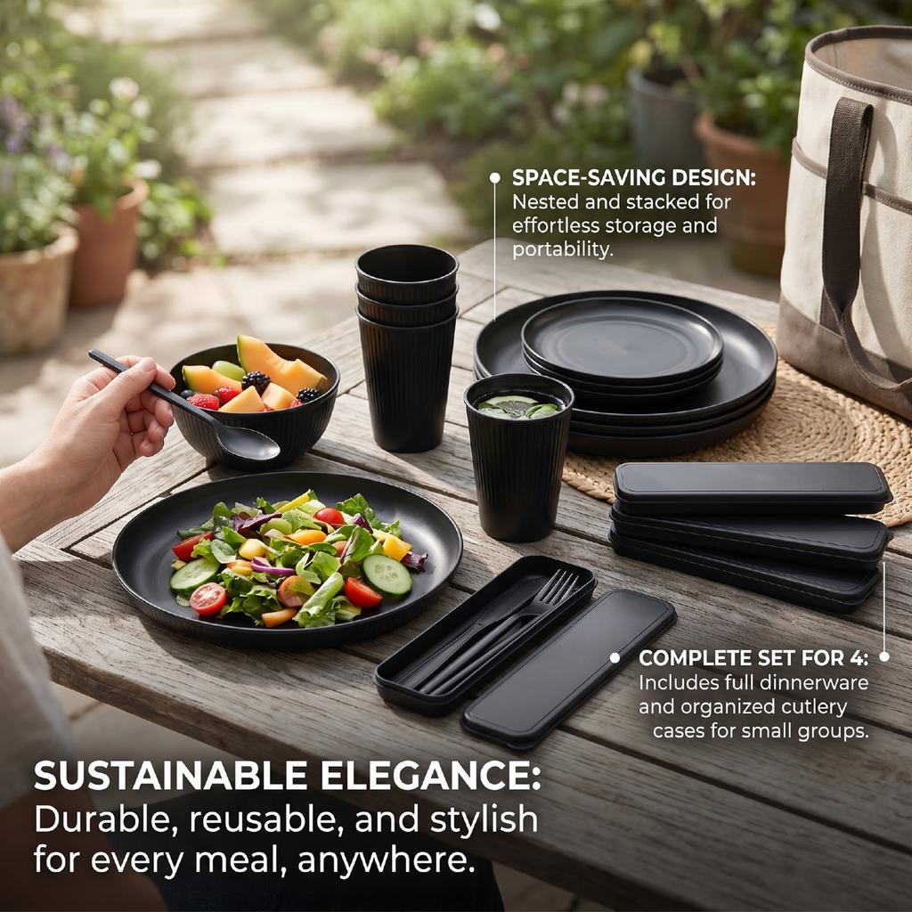Dinnerware Set Service for 4 Dishwasher Microwave Safe Reusable PP Plates Bowls with Cutlery Set for Travel Camping