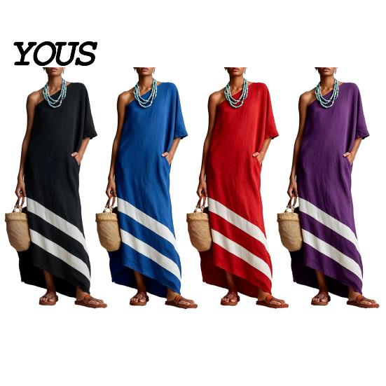 Women Casual Dress One Shoulder Maxi Dress, Color Block Loose Solid Long Summer Beach Vacation Flowy Sundress with Pockets Elegant
