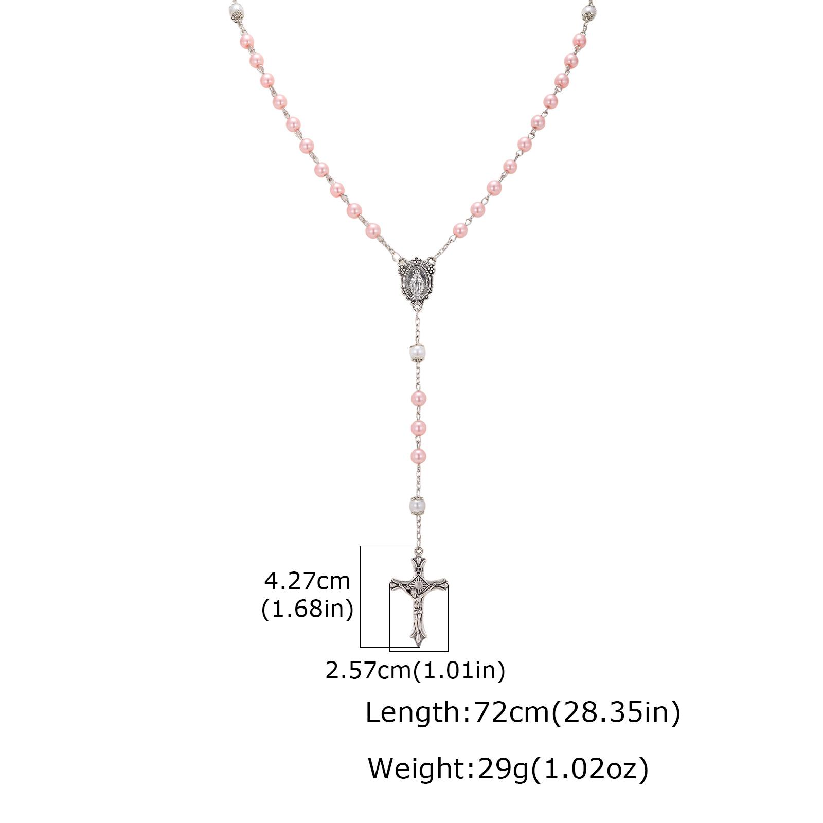 Rosary Necklace Pink Pearl Catholic Prayer Beads Virgin Mary Medal Cross Necklace Religious for women Religious Zircon Gift