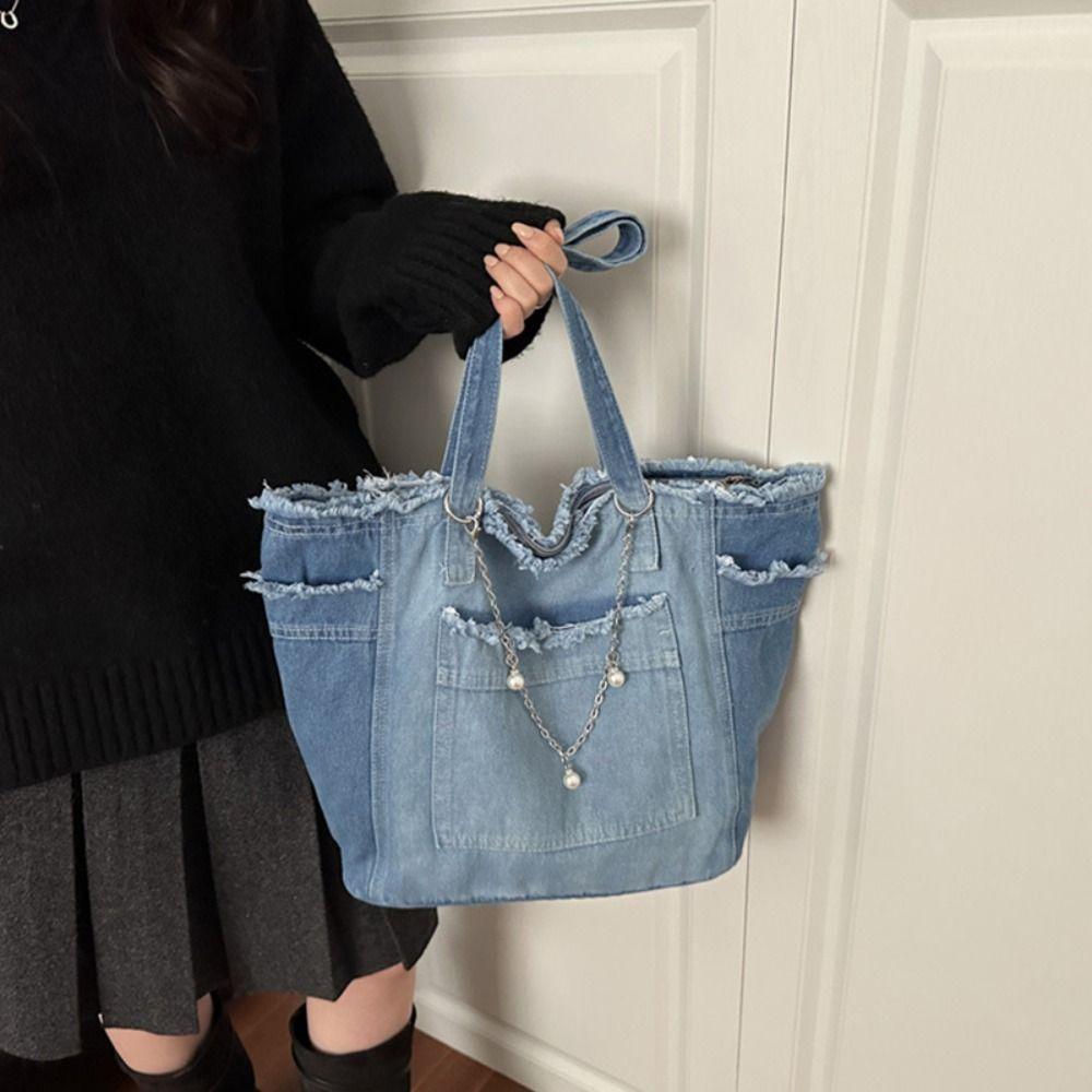 Korean Style Canvas Tote Bag Retro Handbag Fashion Denim Shoulder Bag  Outdoor
