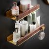 30-50cm Brushed Gold Bathroom Corner Shelf Wall-mounted Shower Room Toilet Walnut Wood Cosmetic Storage Rack with Hook Rod