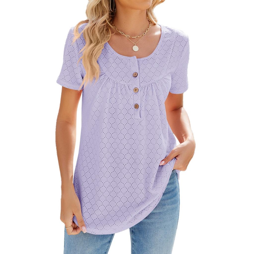 Summer New Solid Color Crew Neck Buttoned Loose Short Sleeve T-Shirt for European and American Cross-border Trade Amazon Independent Station