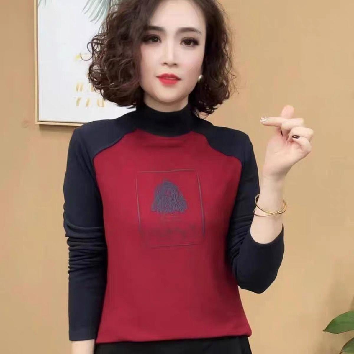 

Color matching semi-turtleneck long-sleeved top women s autumn and winter new fashion casual loose and thin bottoming shirt tide 3XL червоний