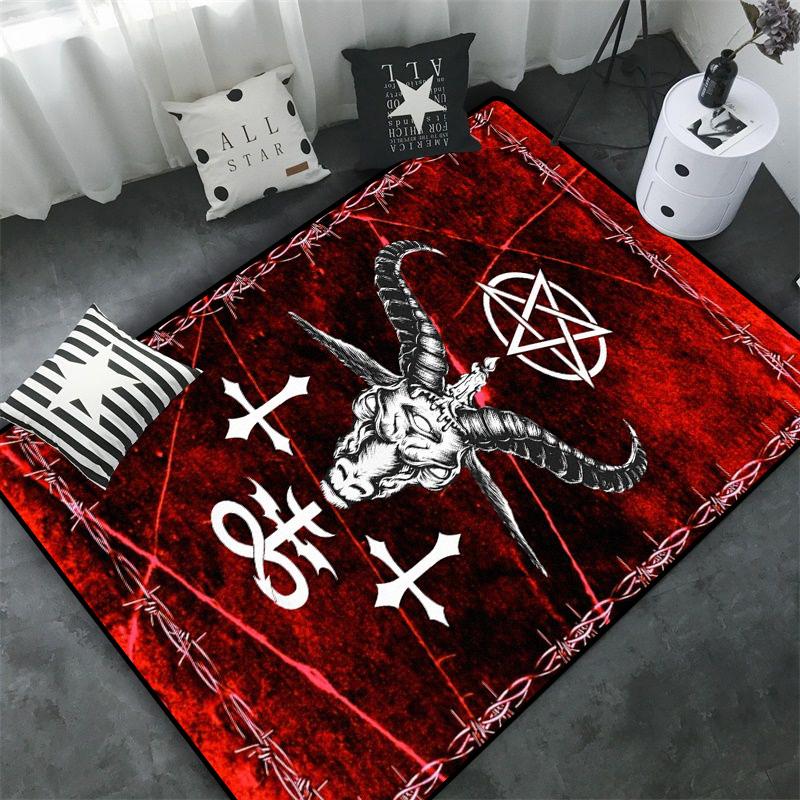 Schädel Baphomet Ziegen Dämon Raserei Bereichsteppich Blutrot-Baphomet Teppich-Baphomet Dekor-Satanische Matte-Satanische Heimdekoration