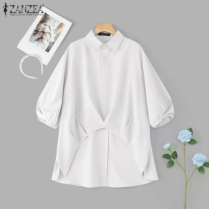 

ZANZEA Женская блузка с круглым вырезом, рукавами 3/4, удлиненная сзади, однотонная, повседневная, свободного кроя 5XL белый