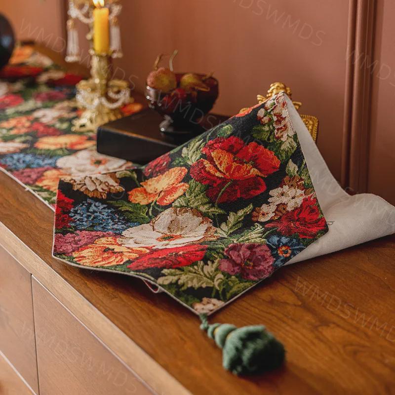 French High-End Fabric Tassel Table Runner for Living Room or Dining Room
