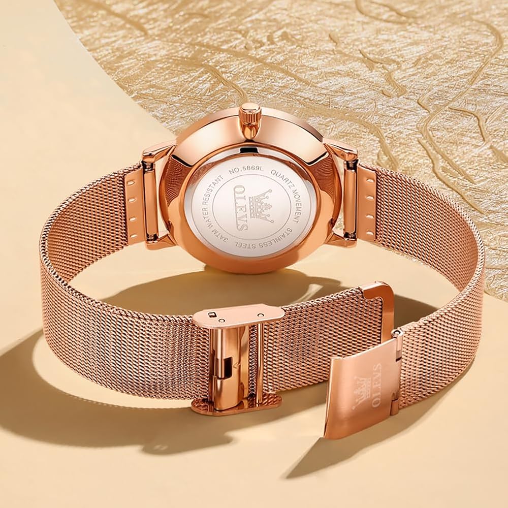 OLEVS Women's Minimalist Casual Watch Rose Gold Leather Band Waterproof Analog Quartz with Date Calendar