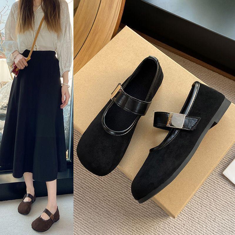 Ladyshoes Versatile Fashion Women's Shoes Retro Square Head Shallow Mouth Small Single Shoes One Word Mary Jane Flat Bottom Soft Sole 2025 New