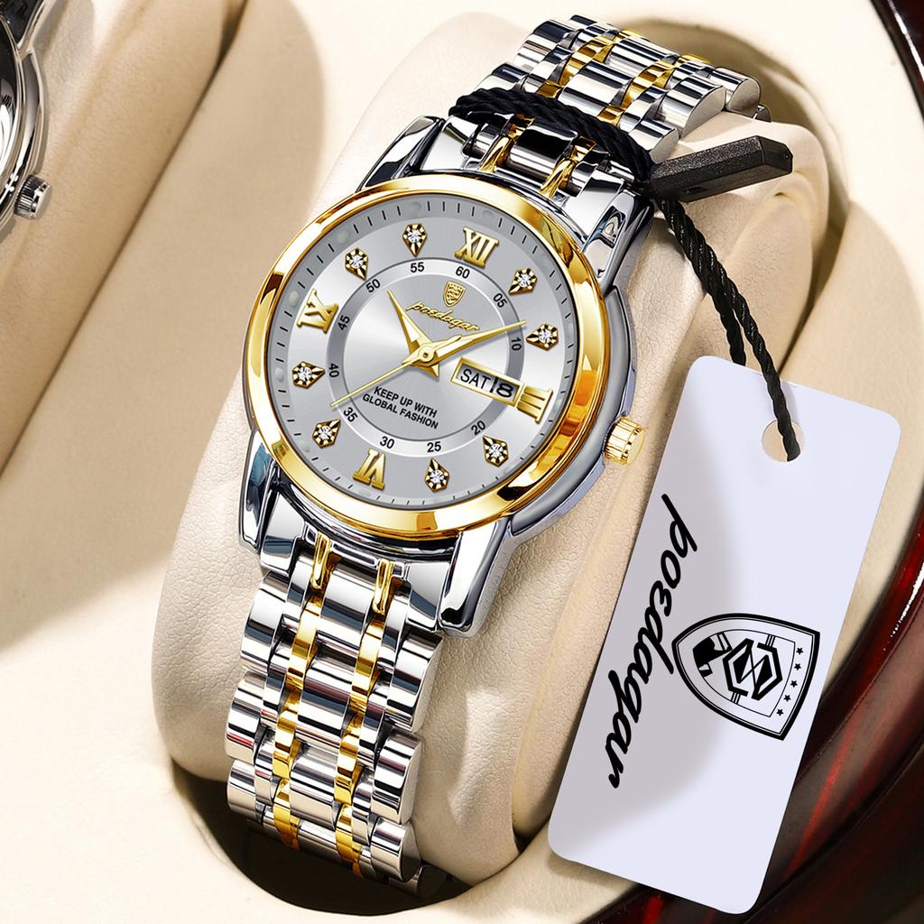 POEDAGAR Casual Women Wristwatch Waterproof Luminous Date Week Quartz Watches Stainless Steel Elegant Dress Ladies Watch