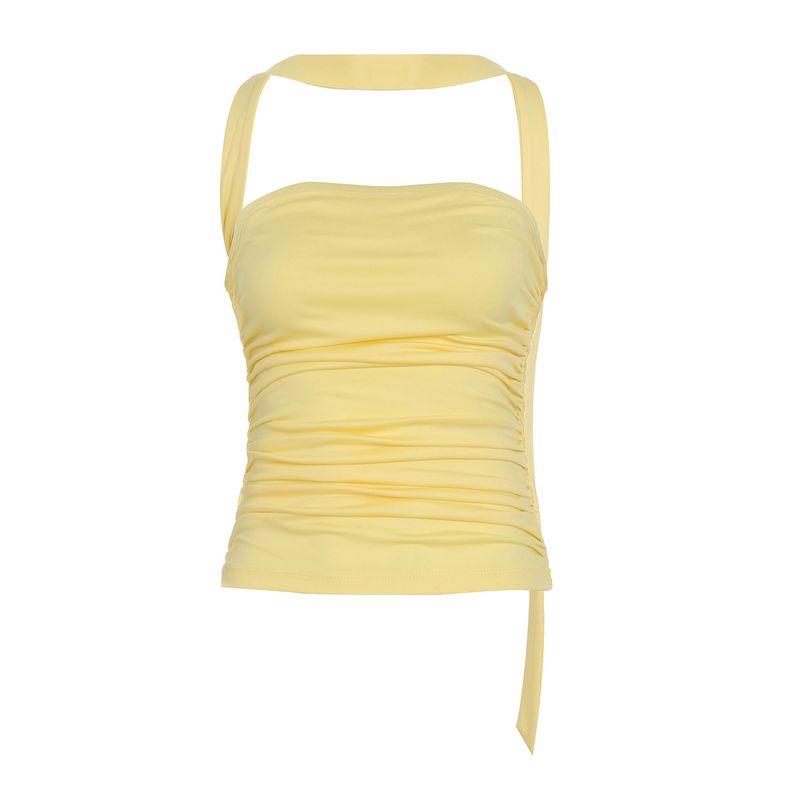 

H Home European and American Women s Clothing French Charming Light Yellow Pleated Tube Top Elegant Graceful Sexy Outerwear Wrapped Chest Short Top Light yellow S