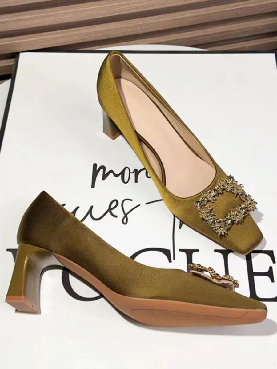 

-B ретро металлическая квадратная пряжка женские туфли-лодочки из атласа на высоком каблуке для работы, с легким вырезом, квадратным носком и толстым каблуком 40