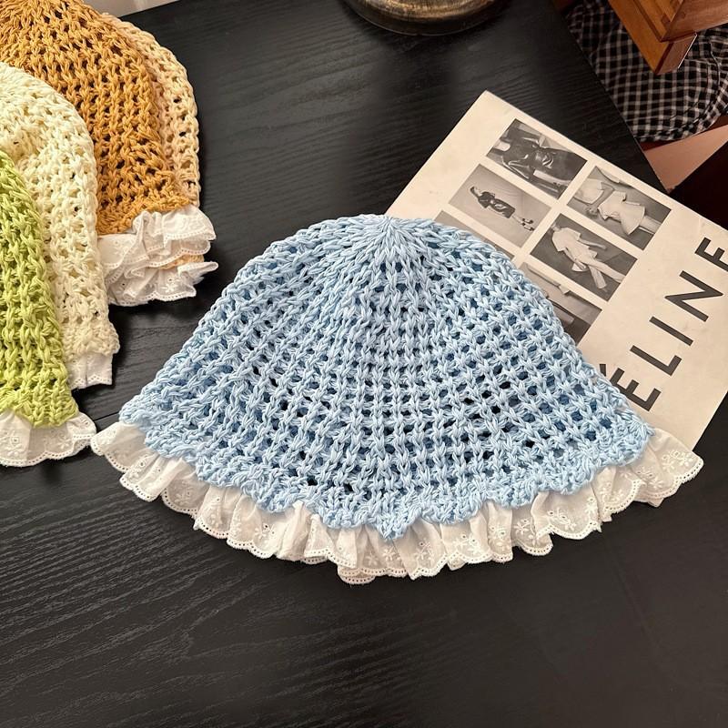 Summer new sun hat women's South Korea Dongdaemun weaving hollowed out after split fork sun protection hat fisherman hat children