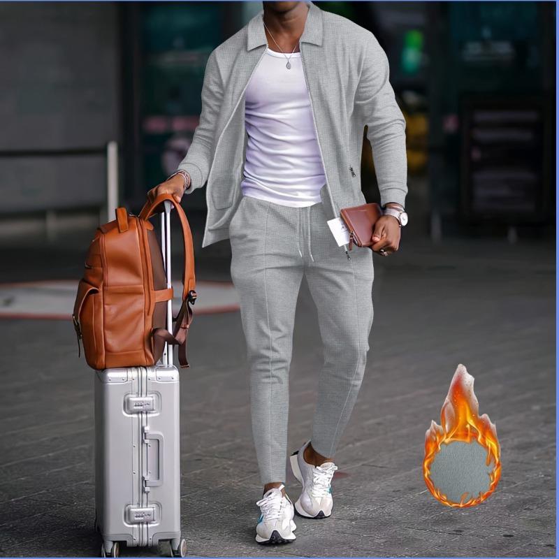 Men Thickened Waffle Turn Down Collar Long Sleeve Jacket And Pants Casual Two Piece Set