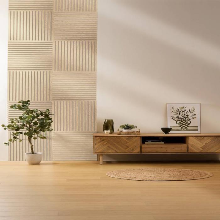 Painel decorativo ripas madeira Colva - 60 x 60 x 2,1 cm - Efeito Carvalho Claro fundo Bege