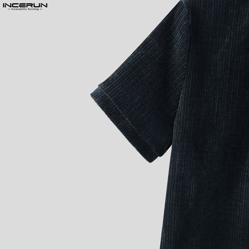 INCERUN Men Zip-up Neck Short Sleeve Texture Rib Casual T-Shirts Tops