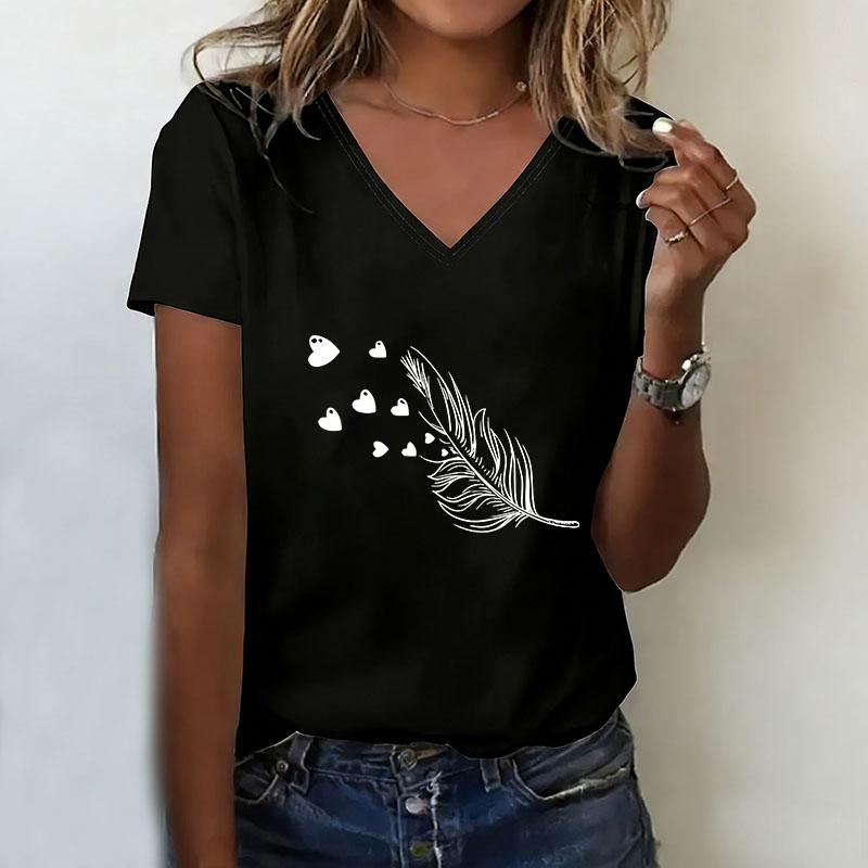 

V-neck casual and fashionable love leaf printed T-shirt XL