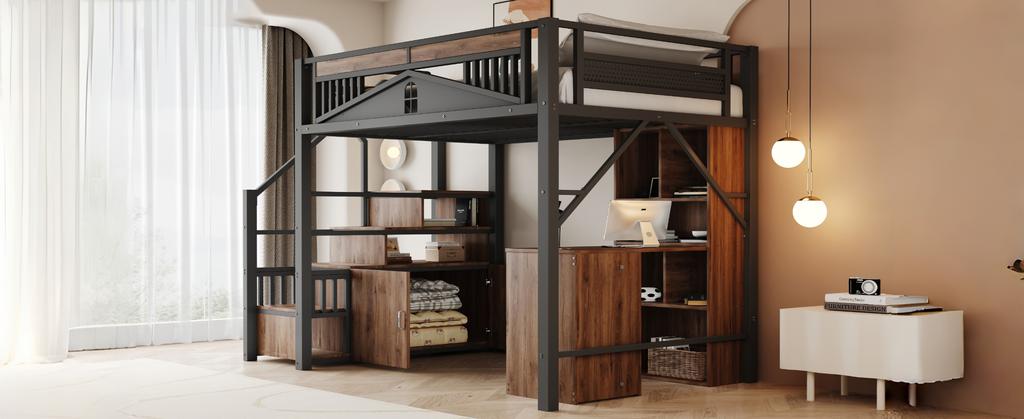 Metal Loft Bed 140 x 200 cm, Unique Safety Enclosure with Window, Safety Ladder with Locker, Black, Old SKU is LDB00359AAB