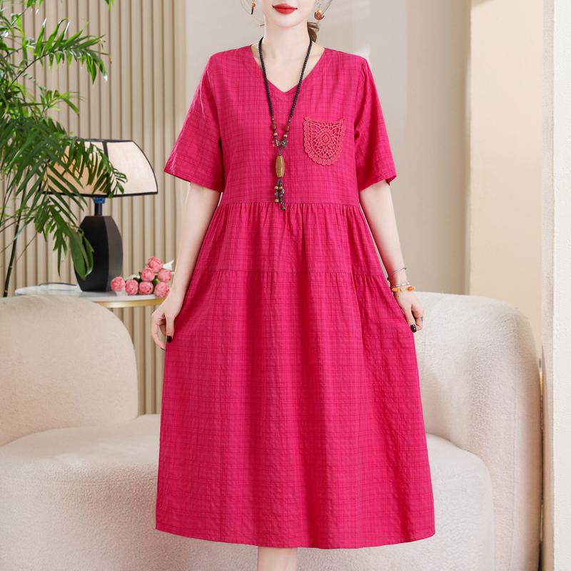 Women's Plus Size Cotton Linen Dress, Loose V-Neck Casual Summer Midi Dress with Pockets (XL-5XL)