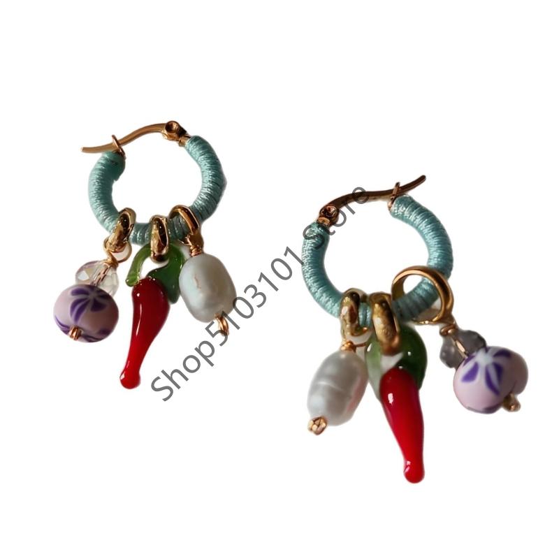 

Handmade vintage pearls Hoop Earrings for Women Creative Enamel Red Chili Pepper Charm Gold Plated Jewelry коричневий