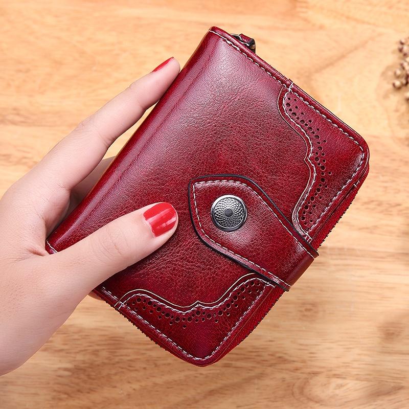 IELGY retro oil wax leather short zipper buckle small wallet for women