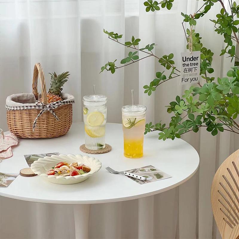 600ML Stripe Glass Cup With Lid and Straw Transparent Ice American Coffee Cup Summer Ice Drinking Cup Bubble Tea Cup Juice Glass