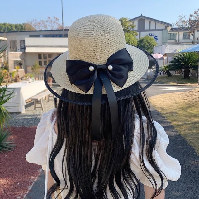 

Beach HatJapanese Everything Hairy Edge Straw Hat Female Summer Flat Top Outing Sun Hat Small Fresh Bow Sun Shade Beach Hat 54-59cm бежевий