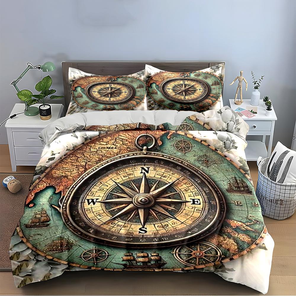 Vintage Compass and Map Bedding Set Bedding Set (1 Duvet Cover, 2 Pillowcases, Duvet Not Included)