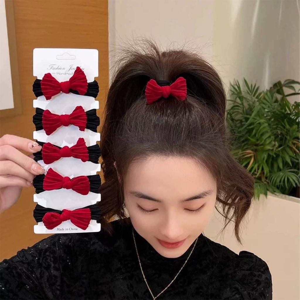 Korean Red Sweet Bowknot Hair Bands for Girls Scrunchies Simple Black Elastic Hair Ties Ropes Ponytail Holder Fashion Headwear