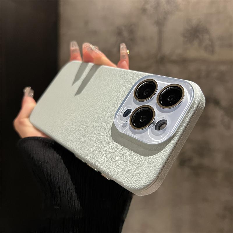 Crystal Glass Lens Protection Lychee Textured Leather Case for iPhone 15 Pro Max 14 13 12 Shockproof Protection Hard PC Cover