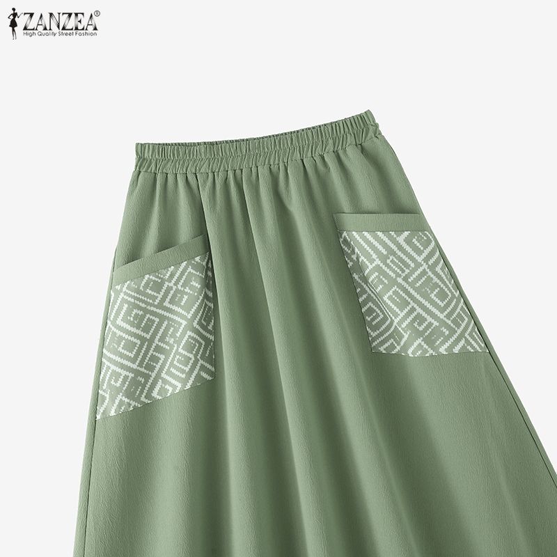 ZANZEA Vintage Women Elastic Waist Floral Print Patchwork Skirts Pleated Dress