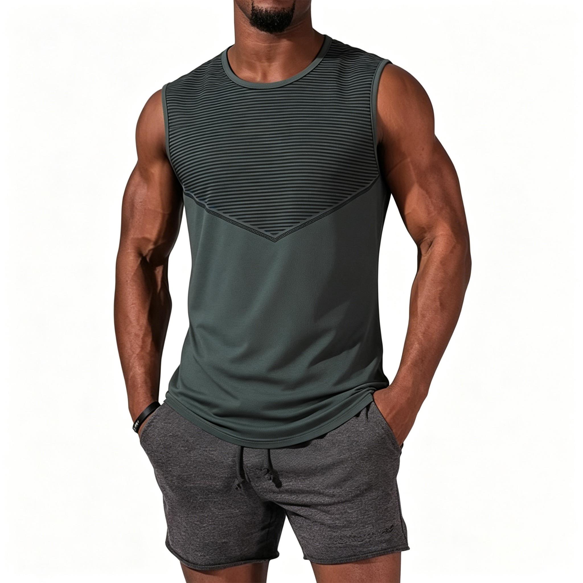 Men s Quick Dry Breathable Tank Top Loose Fit Striped Running Gym Workout Sleeveless Shirt XL
