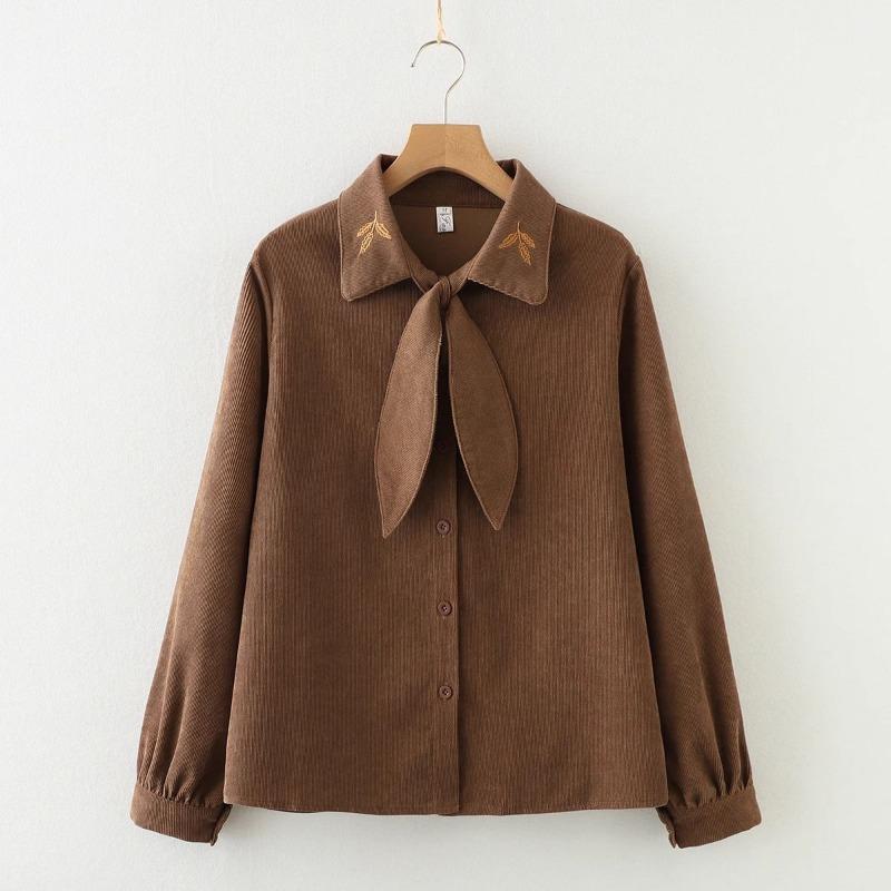 

Corduroy Women s Bunny Ears Bow Tie Apricot Shirt Long-sleeved Design Top Spring New Style Elegant Temperament 3XL коричневий