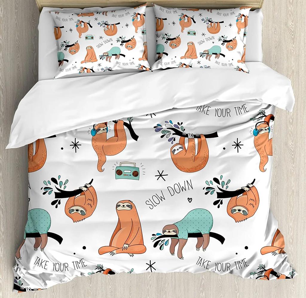 Sloth Bedding Set For Bedroom Bed Home Cartoon Mammal on Tropical Jungle with Green Banana Duvet Cover Quilt Cover Pillowcase