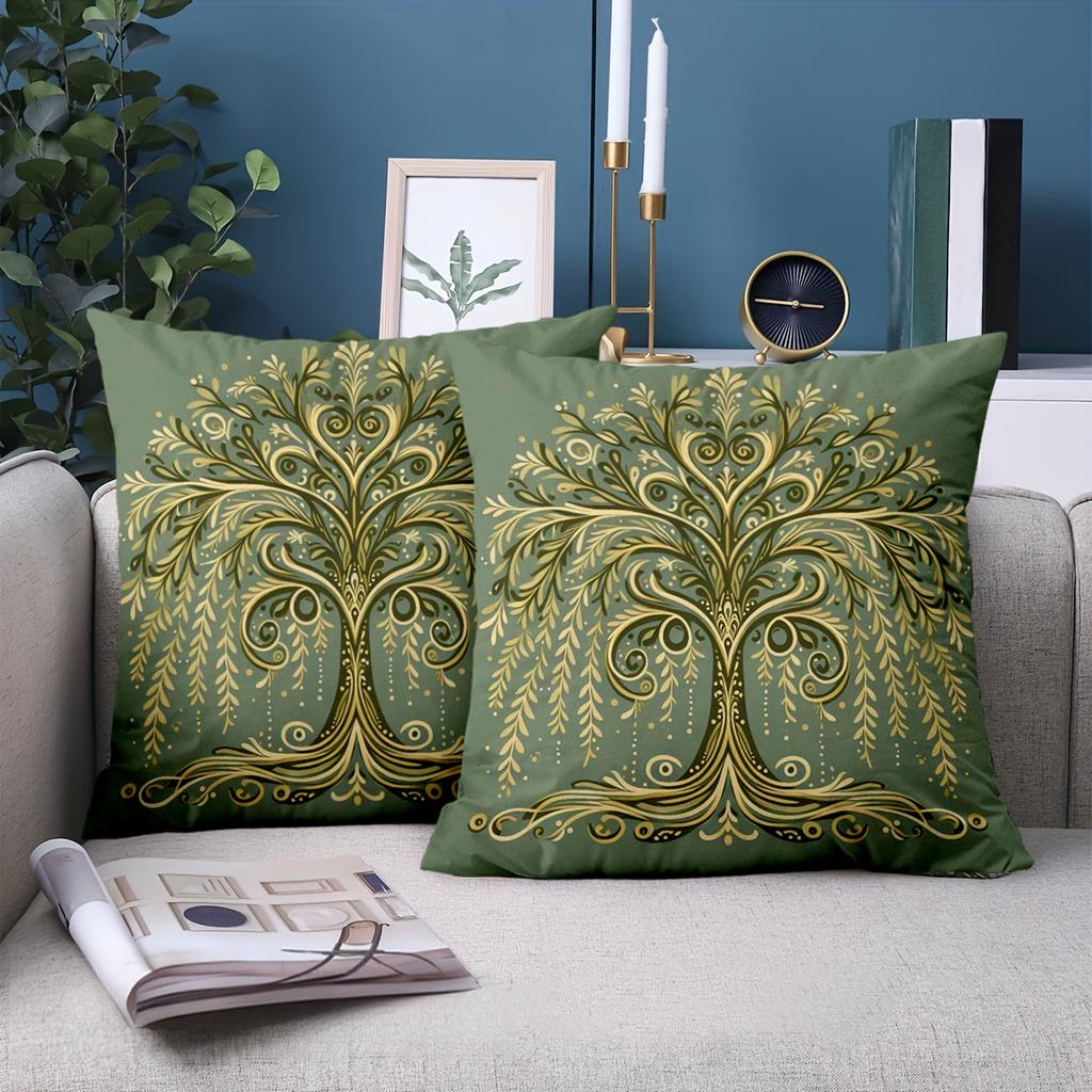 1 Pieces Green Pillows With Golden Tree Pattern Decor Polyester pillowcase, sofa decorative cushion cov Headboard Pillow