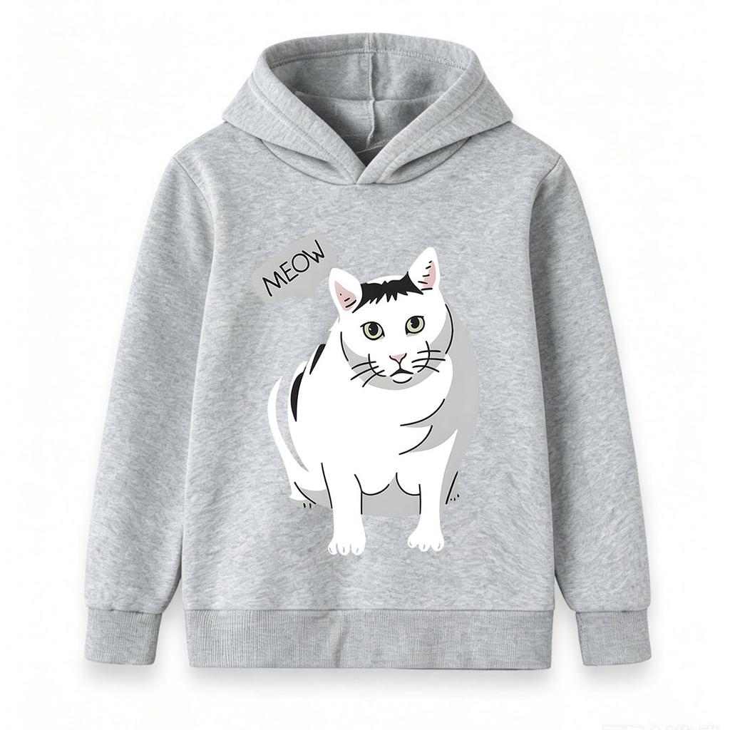 Kids Boys Girls Pullover Hoodie, Cute White Cat Print With MEOW Letter Pattern Casual Warm Hooded Sweatshirt For Daily Wear Street Style For Cat Lover