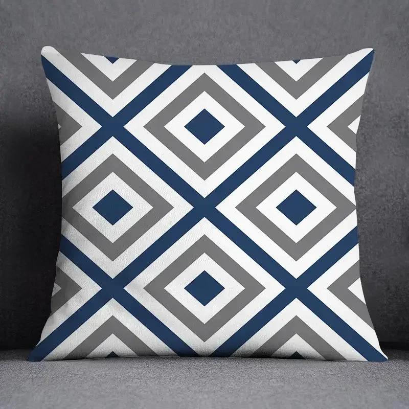 Blue-Gray Geometric Patterns Double-Sided Printed Pillow Cover Short Plush Suitable Living Rooms Bedrooms Throw Cushion Cover