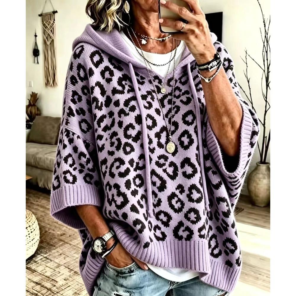 Leopard Print Hooded Sweater Women Drawstring Knit Pullover Hoodie Loose Knitted Outerwear Casual Oversized Sweatshirt Top