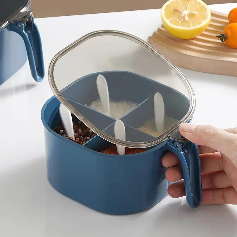 Press Type Four Compartment Transparent Lid Seasoning Box with Spoon for Kitchen
