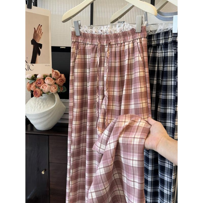 Loose retro plaid pants lace casual pants women's spring and summer loose wide-leg trousers mopping the floor and walking bay pants