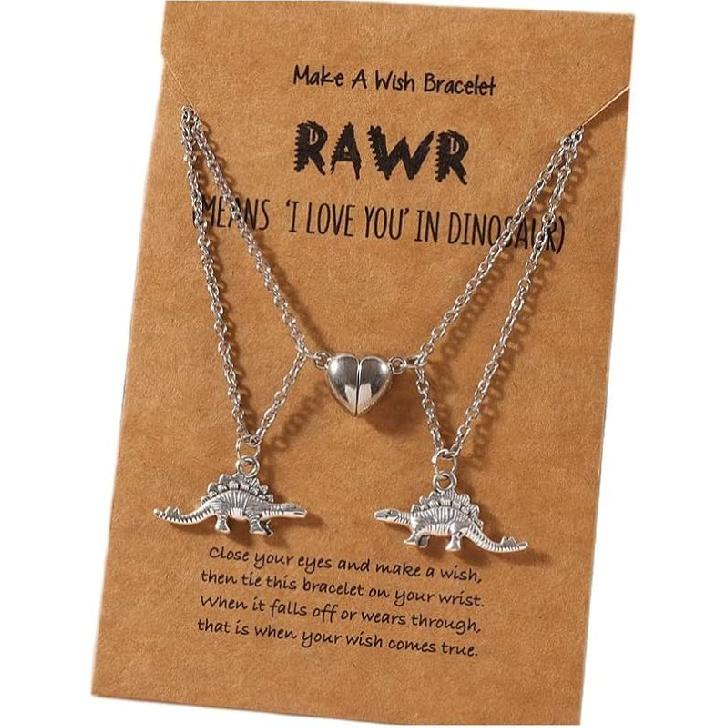 Pingyongchang Dinosaur Pendant Necklace Set Handmade Love Heart Dinosaur Couple Matching Pendant Necklace Set for Women Men Friend Adjustable Heart A
