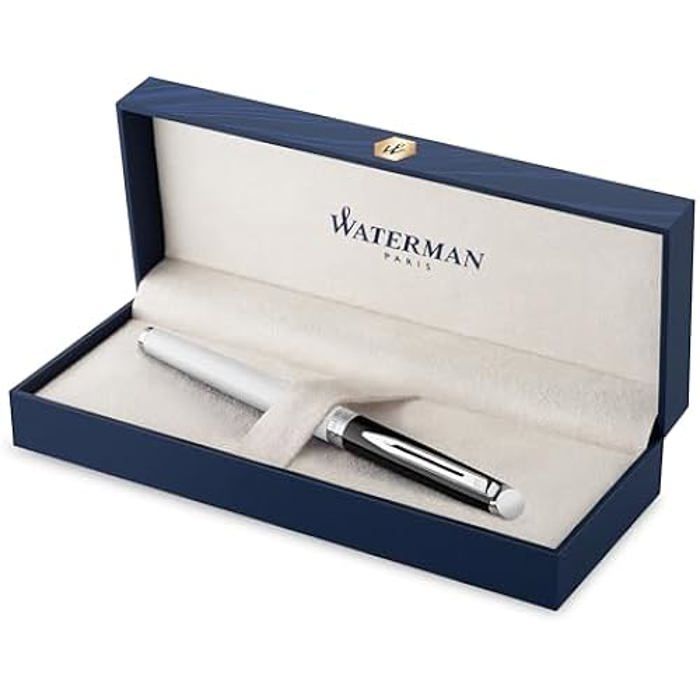 Waterman Hémisphère Stylo plume | laque noire et blanche avec finition palladium | pointe moyenne en acier inoxydable | Encre bleue