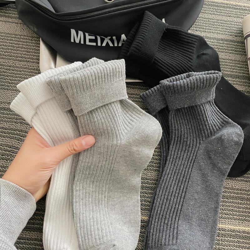 Men's Double Needle Mid-Calf Cotton Socks, Sweat-Absorbent, Breathable, Business Style, Solid Color, Autumn/Winter, Thick, Warm, Long.