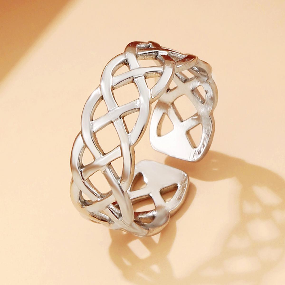 Personality Eternal Woven Knot Stainless Steel Open Line Geometric Ring for Women