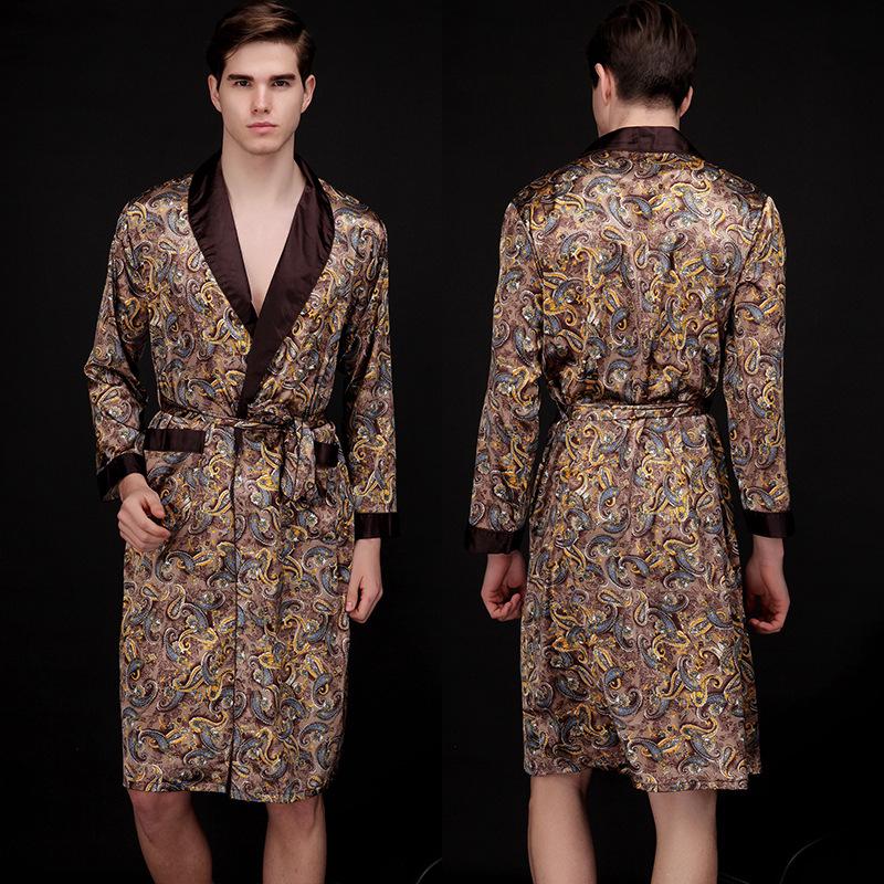 Yaoting Men's Long Sleeve Silk Pajamas and Robe Set, Ice Silk Fabric, WP032