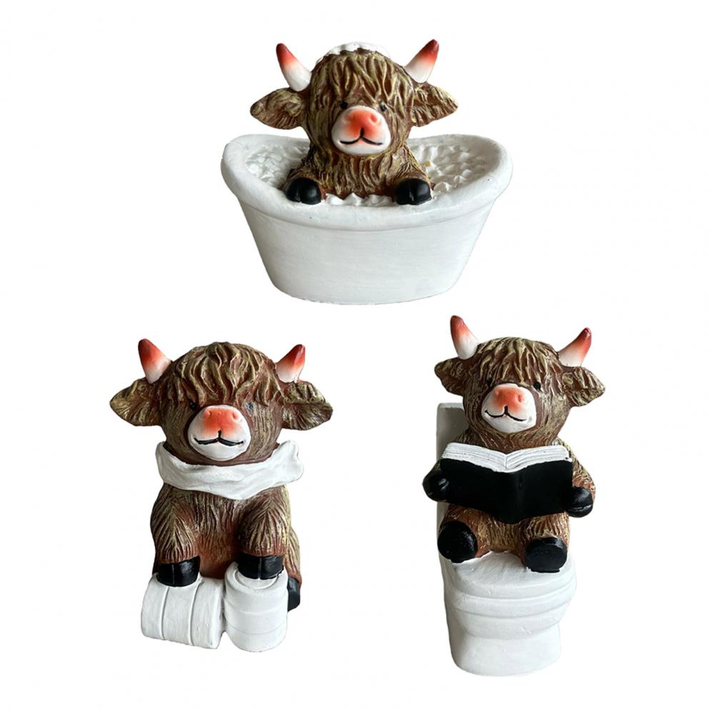 1/3 Stück Badezimmer Hochlandrind Figur Baden Lesen Buch Toilettenpapier Hochlandrinder Harz Statue Skulptur Ornament Dekoration