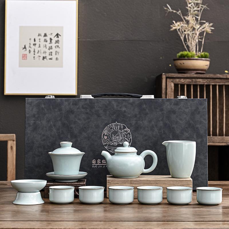 Ru Kiln Kung Fu Tea Set Household Complete Set of Teapot Cover Bowl Teacup Gifts Business Activities National Style National Style Gift Box