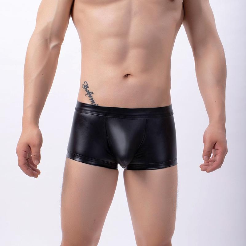 1Pc Trunks Shorts Panties Underwear G-string Men Boxer Black Briefs Open Hip Faux Leather Sexy Open Butt Breathable