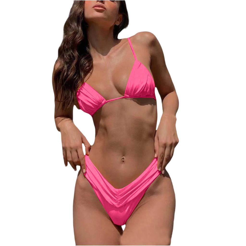Women's Color Sexy Pleated Strappy Two,Piece Bikini Set
